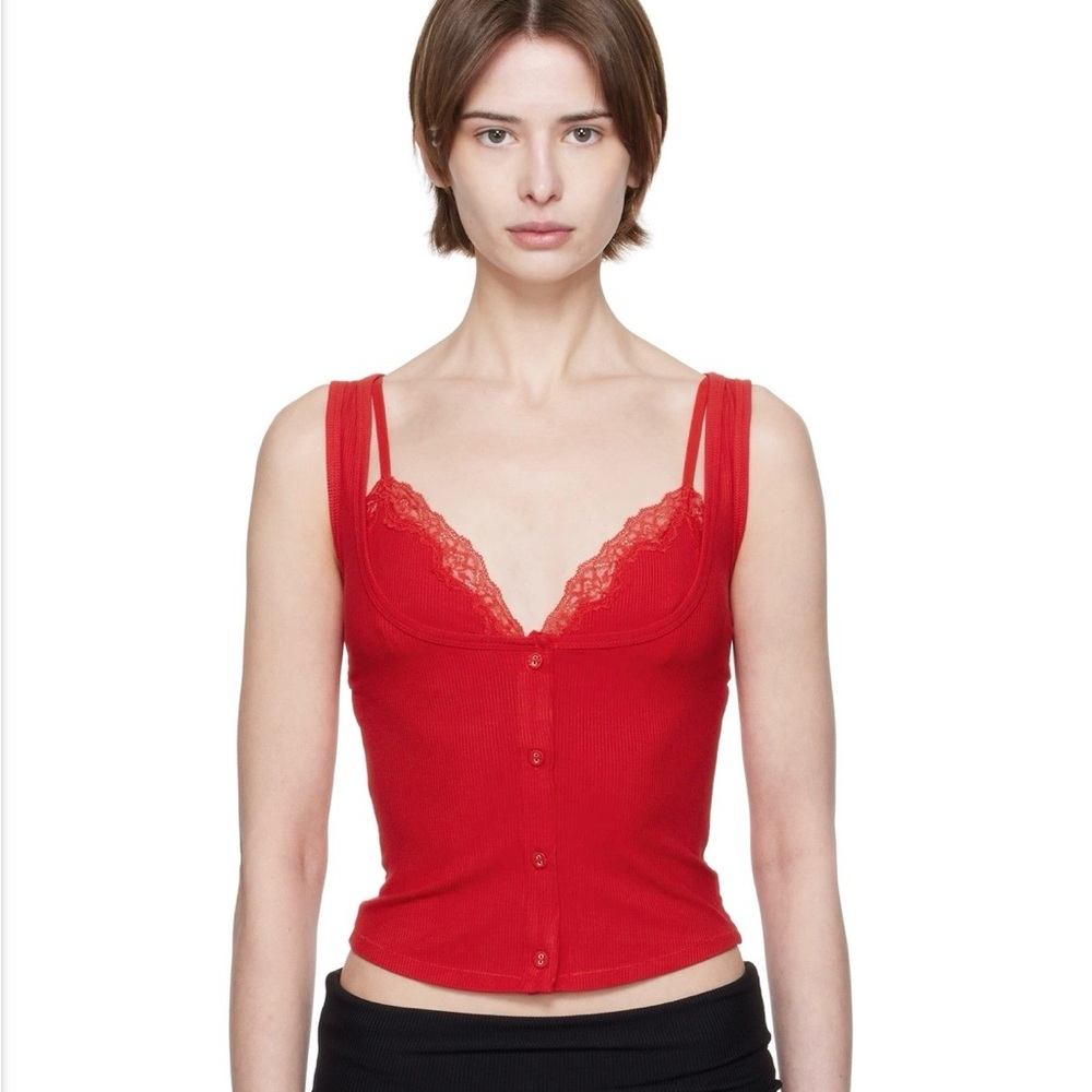 SKIMS Red Lace-Trim Ribbed Button-Front Tank